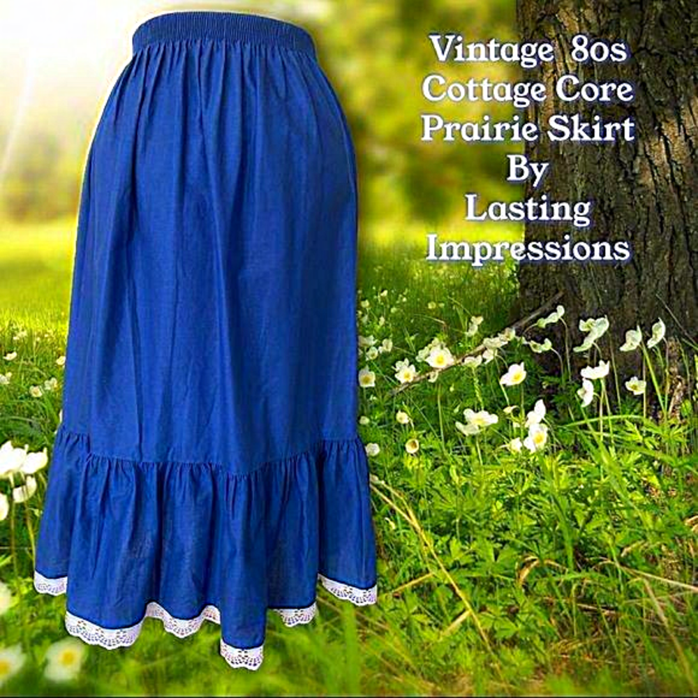 Vintage‎ 80s Cottage Core Prairie Skirt In Royal Blue With White Lace Trim